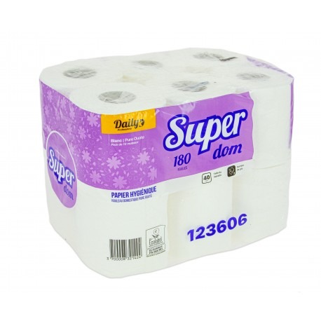 PAPIER HYGIÉNIQUE SUPER DOM180 GAUFRÉ PURE OUATE ECOLABEL BLANC 180 FEUILLES - 96 ROULEAUX