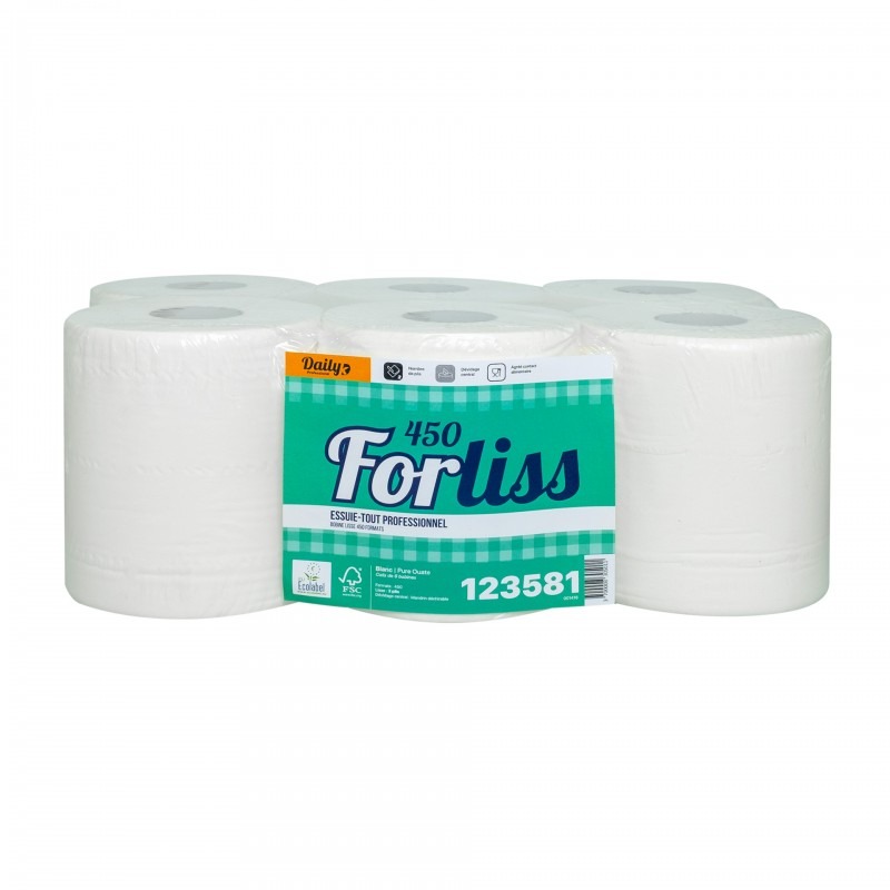 ESSUIE-TOUT, DÉVIDAGE CENTRALE FORLISS 450 FEUILLES PURE OUATE 2 PLIS LISSE ECOLABEL BLANC - COLIS DE 6 ROULEAUX